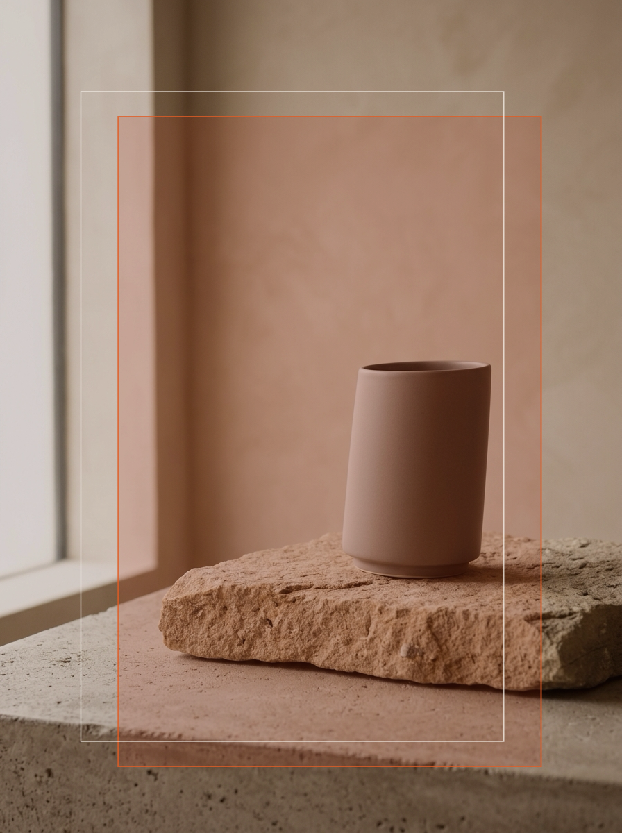 Objeto escultórico sin marca sobre pedestal de travertino enmarcado por paneles verticales de cristal que evocan formatos de pauta con criterio estético