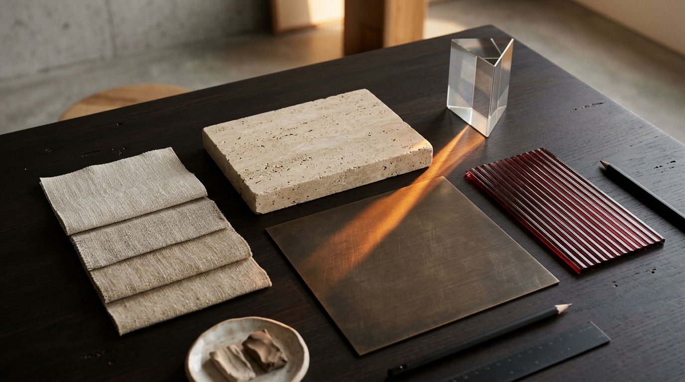 Mesa de dirección creativa con muestras de materiales, piedra travertino, cristal ámbar y prisma óptico que representan la construcción de un entorno de marca