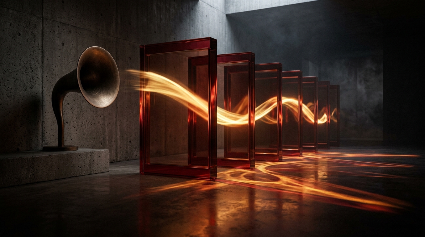Composición conceptual de resonador escultórico y marcos de cristal ámbar alineados que simbolizan una idea rectora de campaña en múltiples formatos